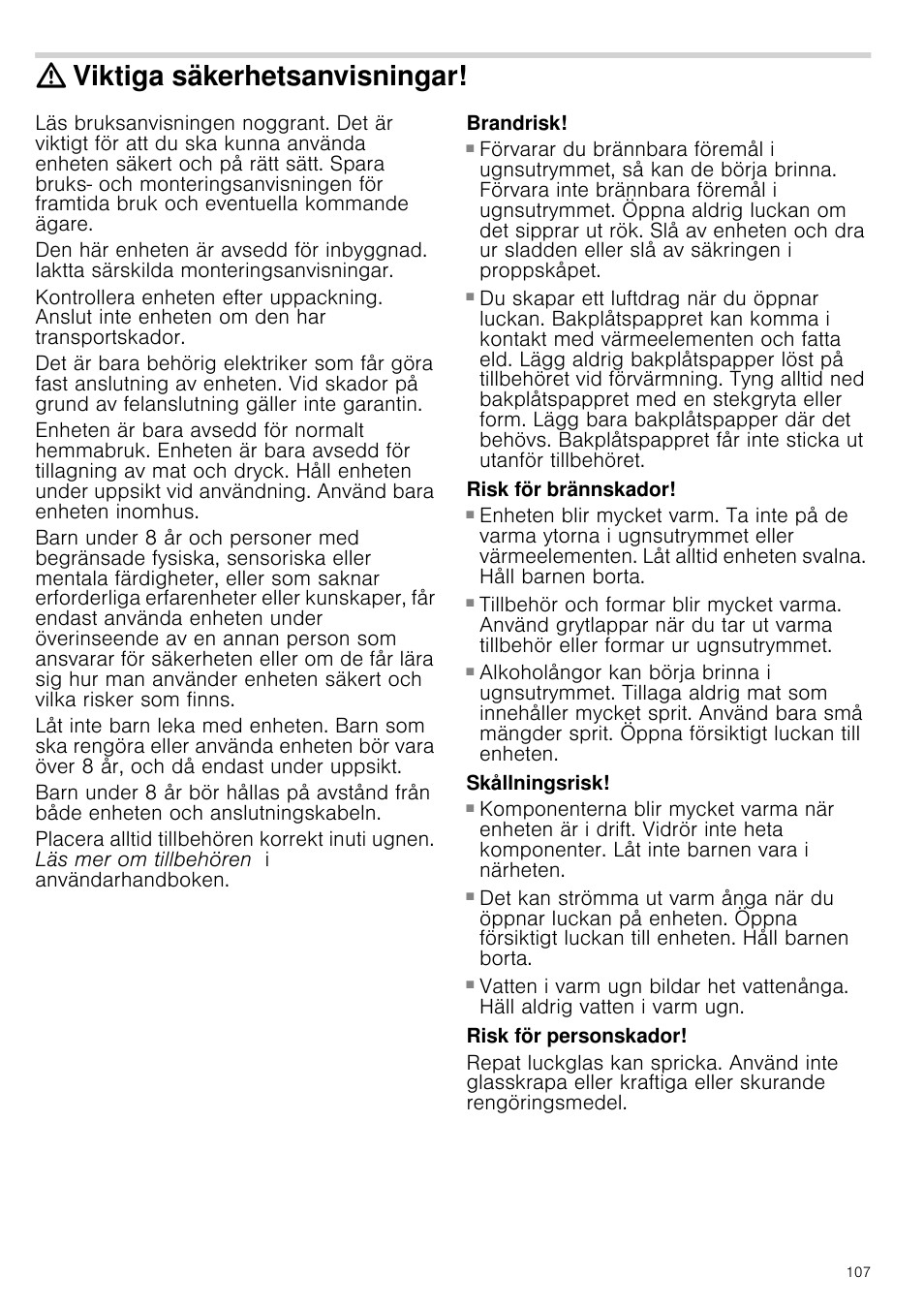 Viktiga säkerhetsanvisningar, Brandrisk, Risk för brännskador | Skållningsrisk, Risk för skållning, Risk för personskador, Visningar | Siemens HB933R51 User Manual | Page 106 / 160