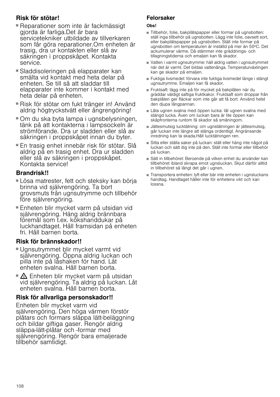 Risk för stötar, Brandrisk, Risk för brännskador | Risk för allvarliga personskador, Felorsaker | Siemens HB933R51 User Manual | Page 107 / 160