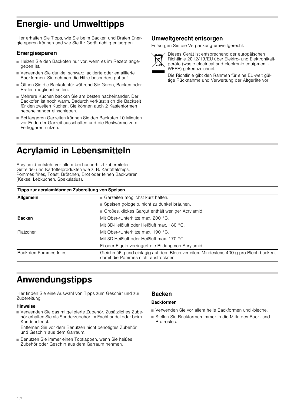 Energie- und umwelttipps, Energiesparen, Umweltgerecht entsorgen | Acrylamid in lebensmitteln, Anwendungstipps, Hinweise, Backen, Energiesparen umweltgerecht entsorgen, Lamid in lebensmitteln | Siemens HB933R51 User Manual | Page 11 / 160