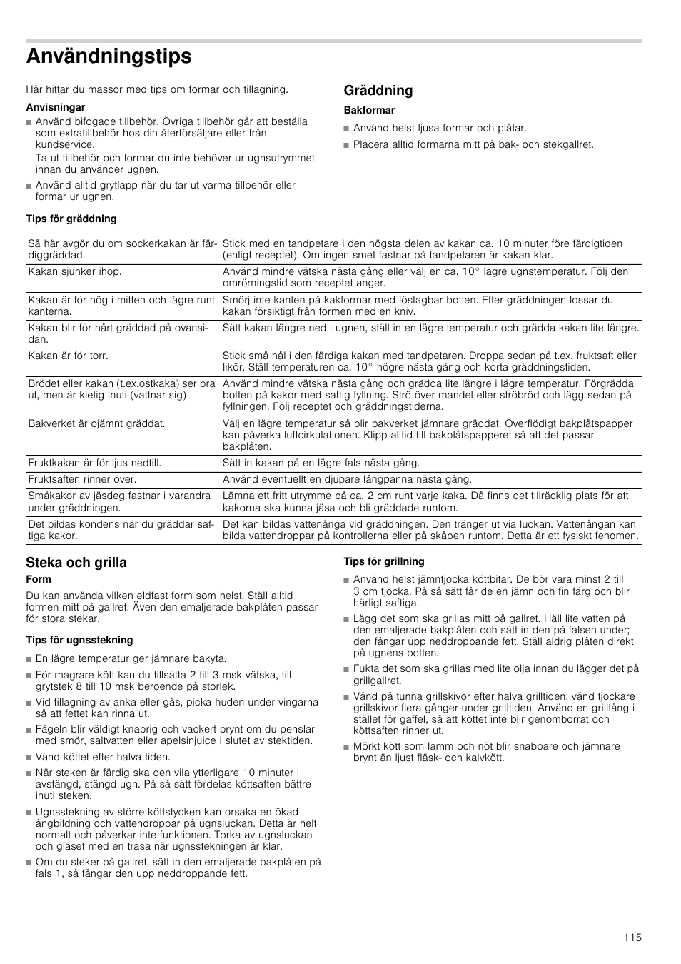 Användningstips, Anvisningar, Gräddning | Tips för gräddning, Steka och grilla, Tips för ugnsstekning, Vänd köttet efter halva tiden, Tips för grillning | Siemens HB933R51 User Manual | Page 114 / 160