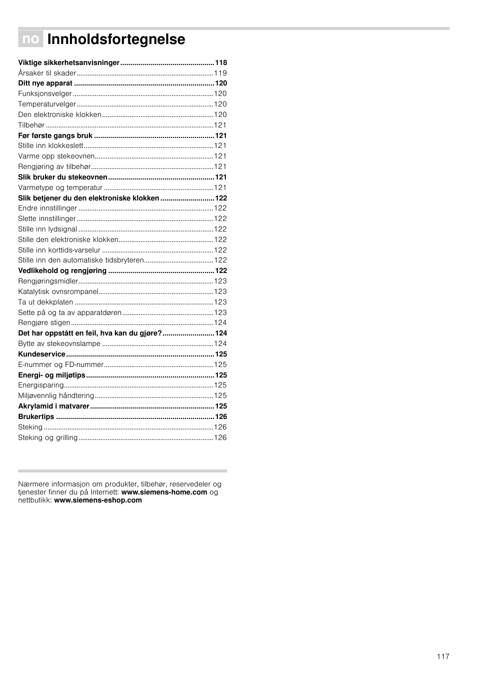 Ê innholdsfortegnelse[no] bruksveiledning, Innholdsfortegnelse | Siemens HB933R51 User Manual | Page 116 / 160