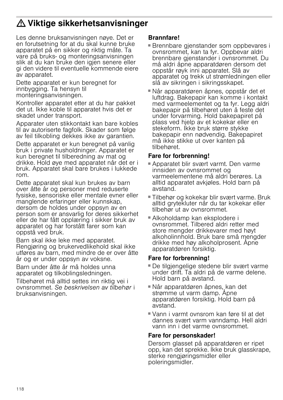 Viktige sikkerhetsanvisninger, Brannfare, Fare for forbrenning | Fare for skålding, Fare for personskader | Siemens HB933R51 User Manual | Page 117 / 160