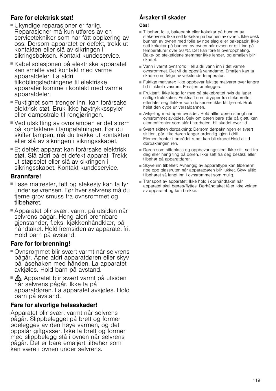 Fare for elektrisk støt, Brannfare, Fare for forbrenning | Fare for alvorlige helseskader, Årsaker til skader | Siemens HB933R51 User Manual | Page 118 / 160