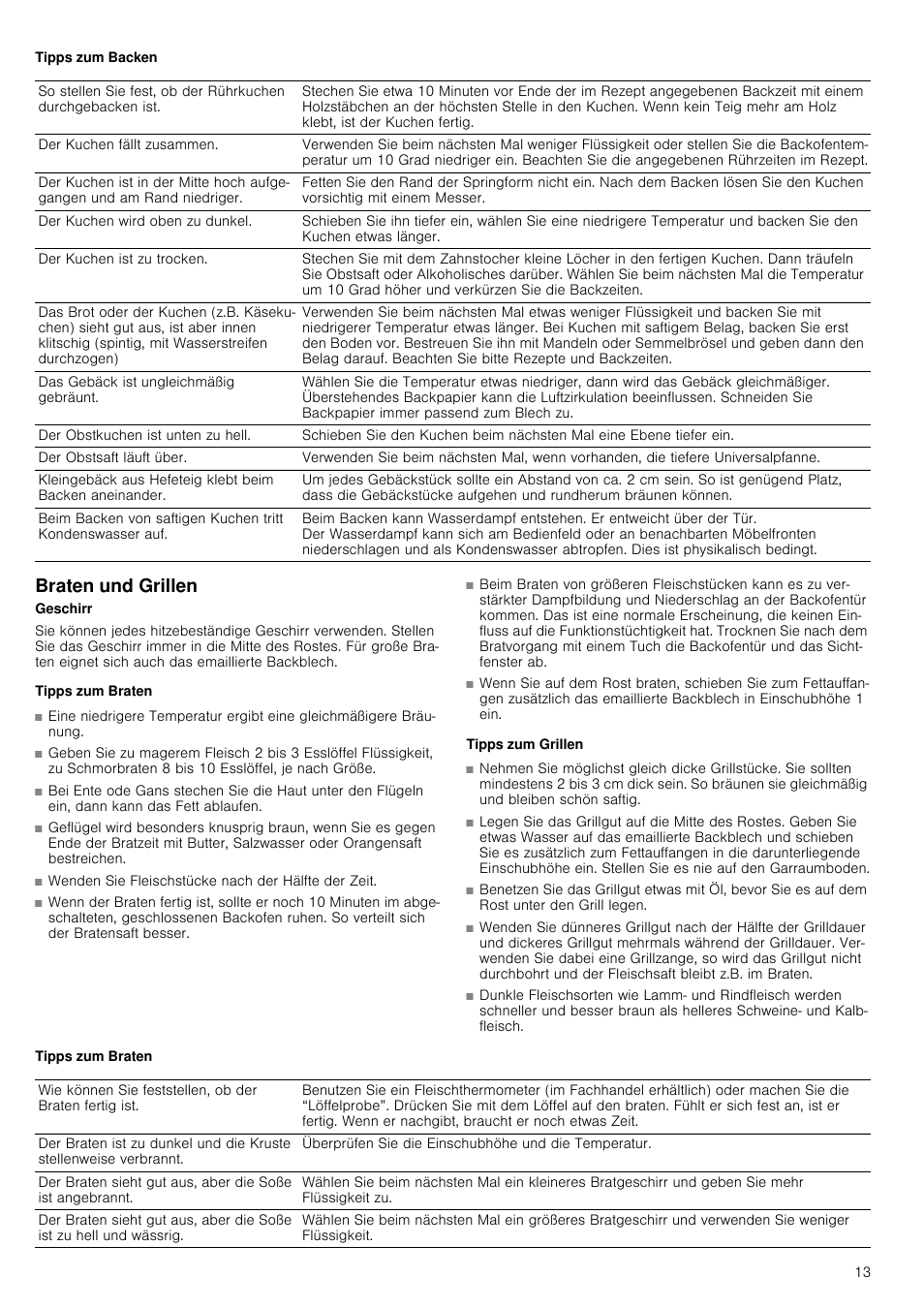 Tipps zum backen, Braten und grillen, Tipps zum braten | Wenden sie fleischstücke nach der hälfte der zeit, Tipps zum grillen | Siemens HB933R51 User Manual | Page 12 / 160