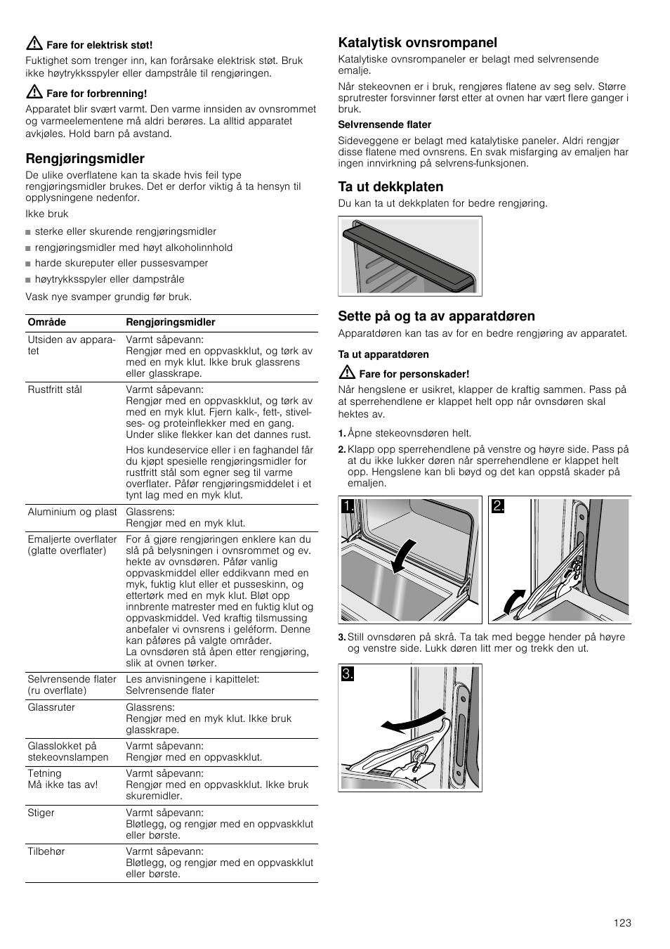 Fare for elektrisk støt, Fare for forbrenning, Rengjøringsmidler | Rengjøringsmidler med høyt alkoholinnhold, Harde skureputer eller pussesvamper, Katalytisk ovnsrompanel, Ta ut dekkplaten, Sette på og ta av apparatdøren, Ta ut apparatdøren, Fare for personskader | Siemens HB933R51 User Manual | Page 122 / 160