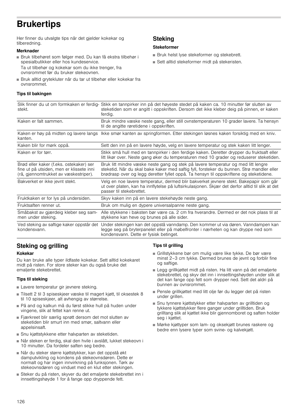 Brukertips, Merknader, Steking | Tips til bakingen, Steking og grilling, Tips til steking, Snu kjøttstykkene etter halvparten av steketiden, Tips til grilling | Siemens HB933R51 User Manual | Page 125 / 160