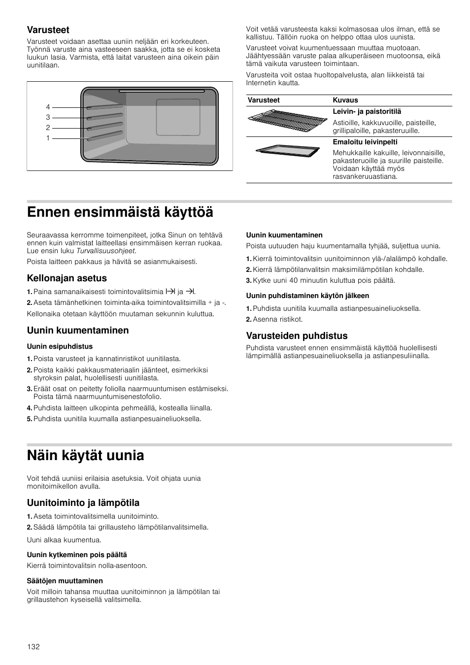 Varusteet, Ennen ensimmäistä käyttöä, Kellonajan asetus | Paina samanaikaisesti toimintovalitsimia x ja y, Uunin kuumentaminen, Uunin esipuhdistus, Poista varusteet ja kannatinristikot uunitilasta, Kytke uuni 40 minuutin kuluttua pois päältä, Uunin puhdistaminen käytön jälkeen, Asenna ristikot | Siemens HB933R51 User Manual | Page 131 / 160