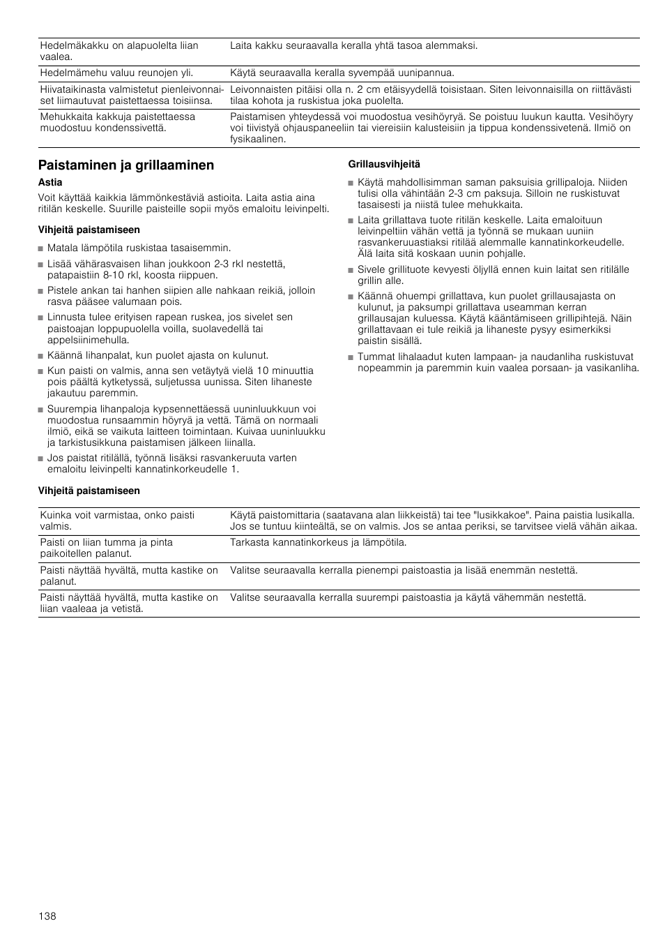 Paistaminen ja grillaaminen, Vihjeitä paistamiseen, Käännä lihanpalat, kun puolet ajasta on kulunut | Grillausvihjeitä | Siemens HB933R51 User Manual | Page 137 / 160