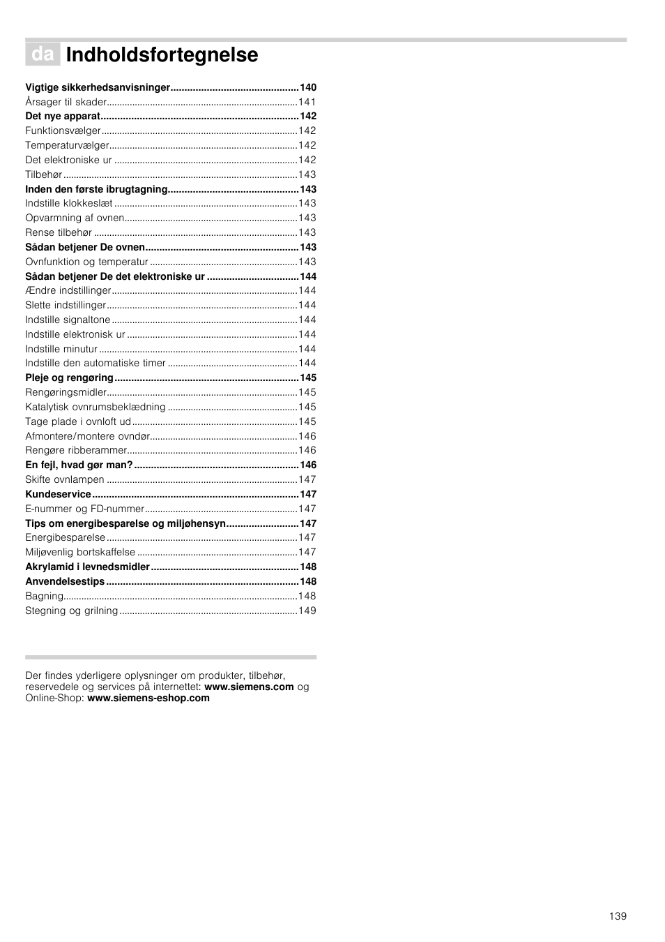 Indholdsfortegnelse[da] brugsanvisning, Indholdsfortegnelse | Siemens HB933R51 User Manual | Page 138 / 160