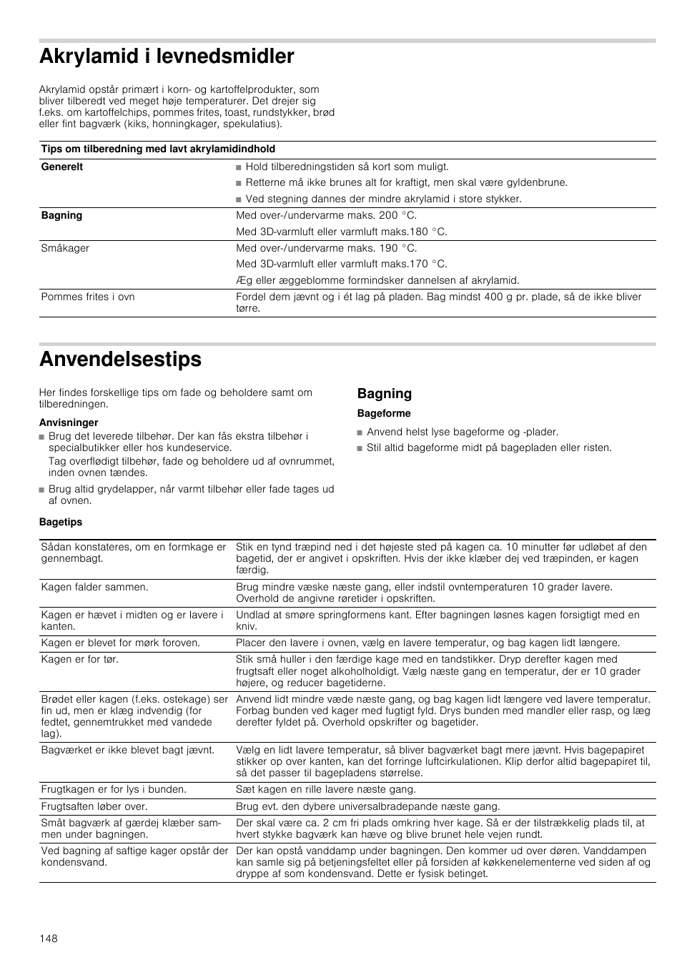 Akrylamid i levnedsmidler, Anvendelsestips, Anvisninger | Bagning, Bagetips, Vnedsmidler | Siemens HB933R51 User Manual | Page 147 / 160