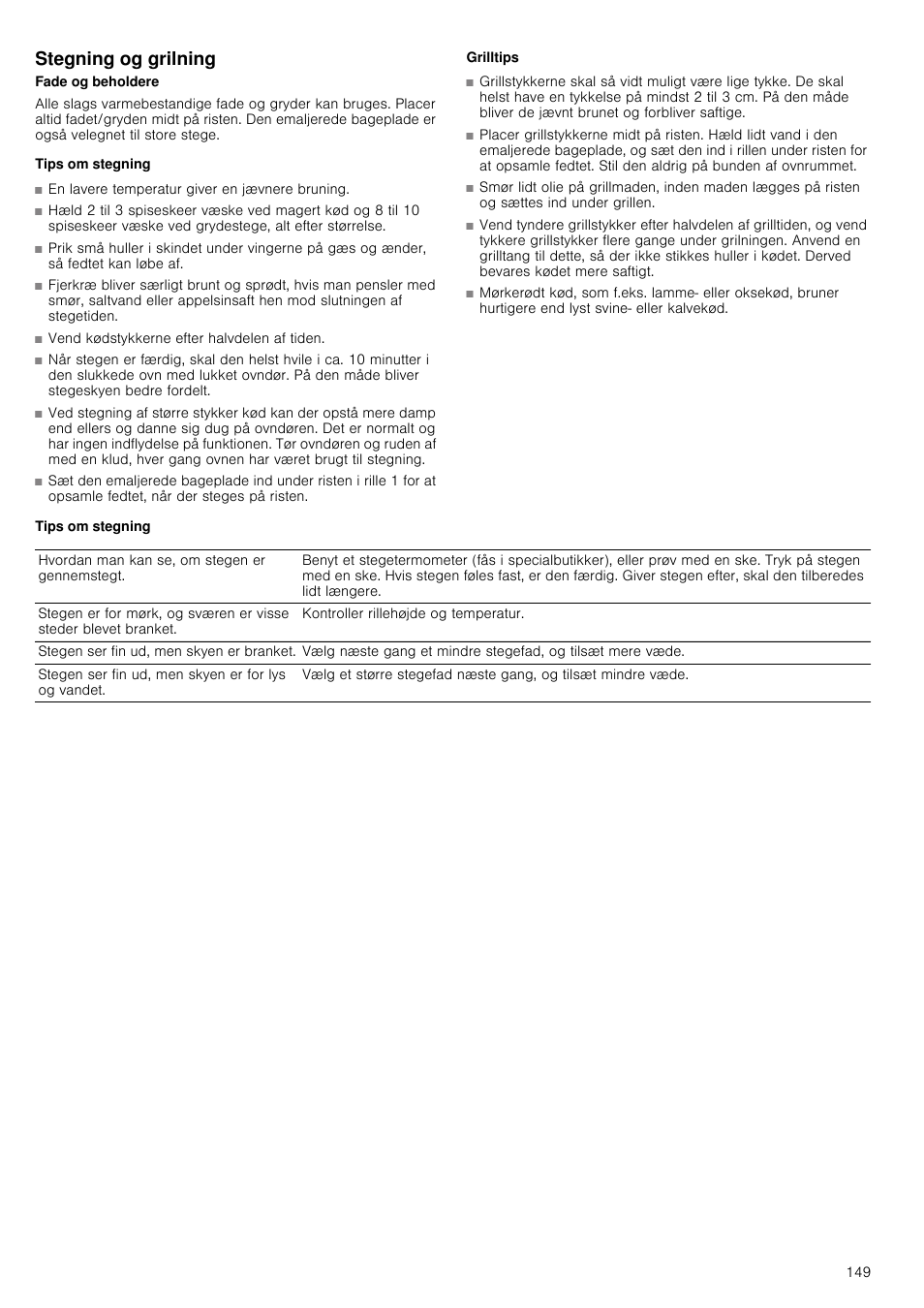 Stegning og grilning, Tips om stegning, Vend kødstykkerne efter halvdelen af tiden | Grilltips | Siemens HB933R51 User Manual | Page 148 / 160