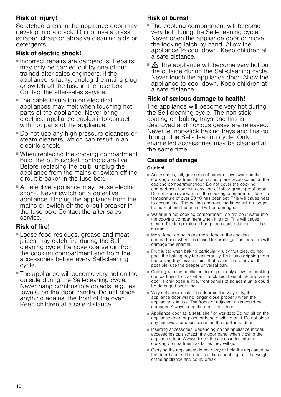 Risk of injury, Risk of electric shock, Risk of electric shock and serious injury | Risk of fire, Risk of burns, Risk of serious damage to health, Causes of damage, Caution | Siemens HB933R51 User Manual | Page 15 / 160