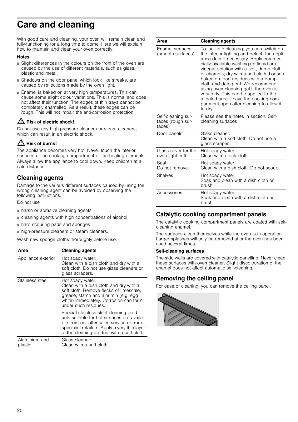 Care and cleaning, Notes, Risk of electric shock | Risk of burns, Cleaning agents, Hard scouring pads and sponges, Catalytic cooking compartment panels, Removing the ceiling panel | Siemens HB933R51 User Manual | Page 19 / 160