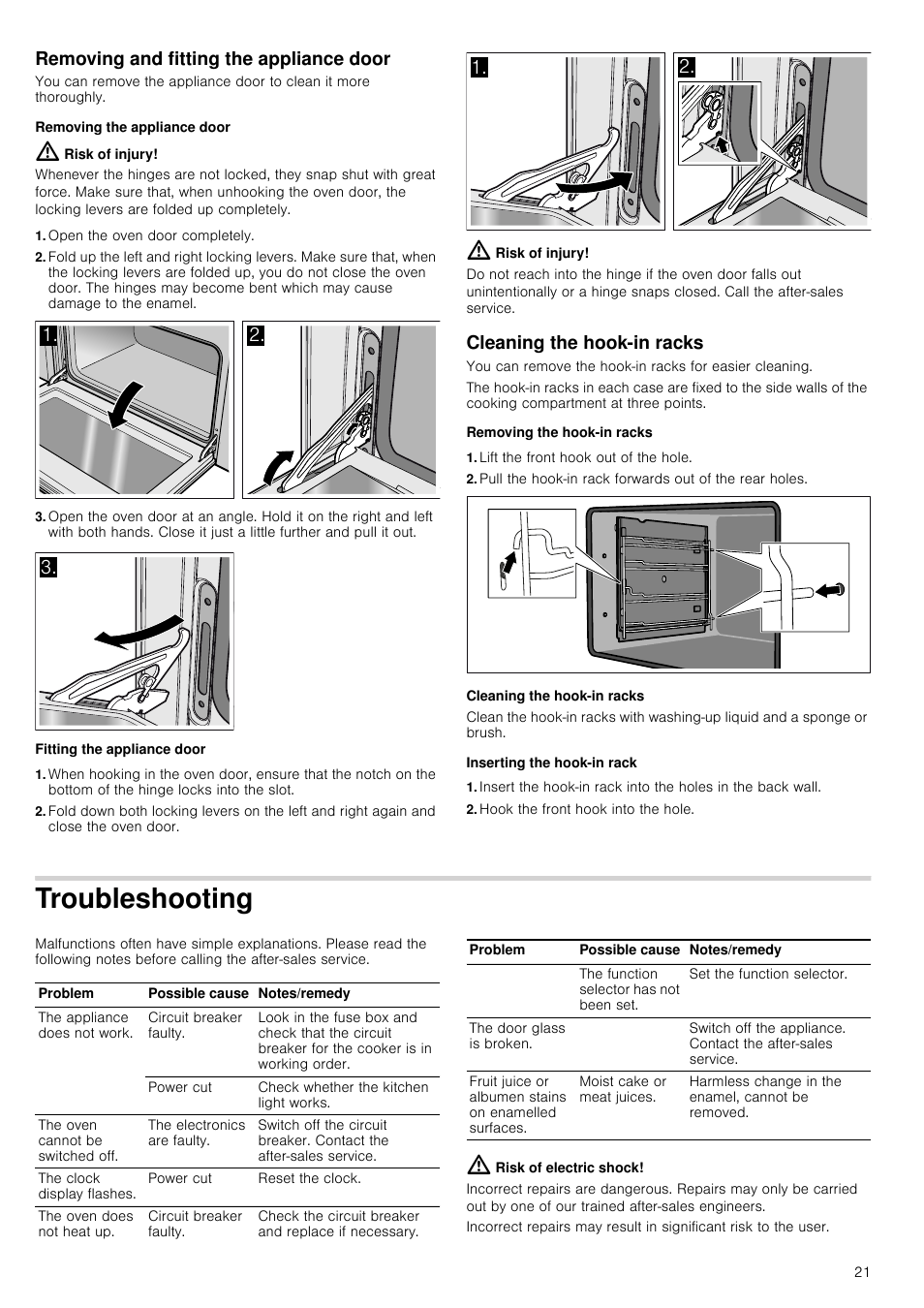 Removing and fitting the appliance door, Removing the appliance door, Risk of injury | Open the oven door completely, Fitting the appliance door, Cleaning the hook-in racks, Removing the hook-in racks, Lift the front hook out of the hole, Inserting the hook-in rack, Hook the front hook into the hole | Siemens HB933R51 User Manual | Page 20 / 160