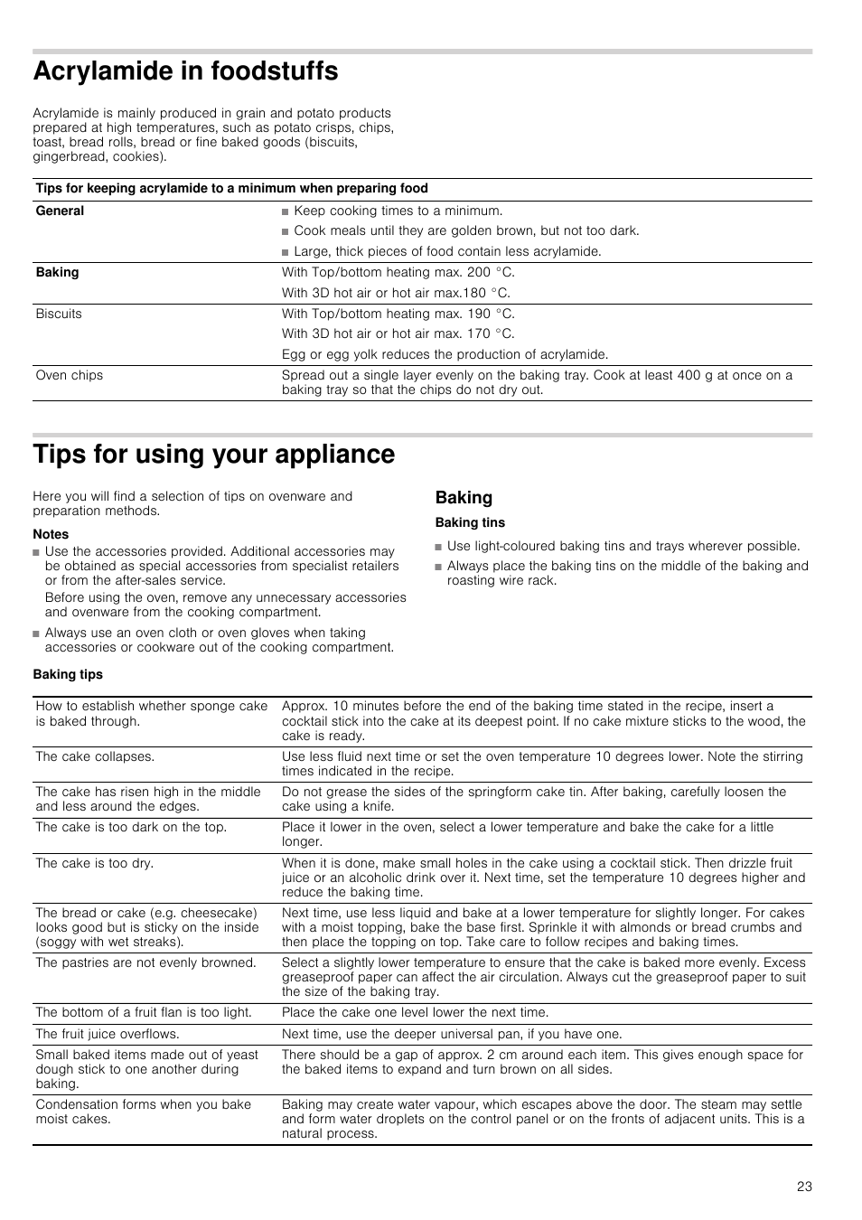 Acrylamide in foodstuffs, Tips for using your appliance, Notes | Baking, Baking tips, Our appliance | Siemens HB933R51 User Manual | Page 22 / 160