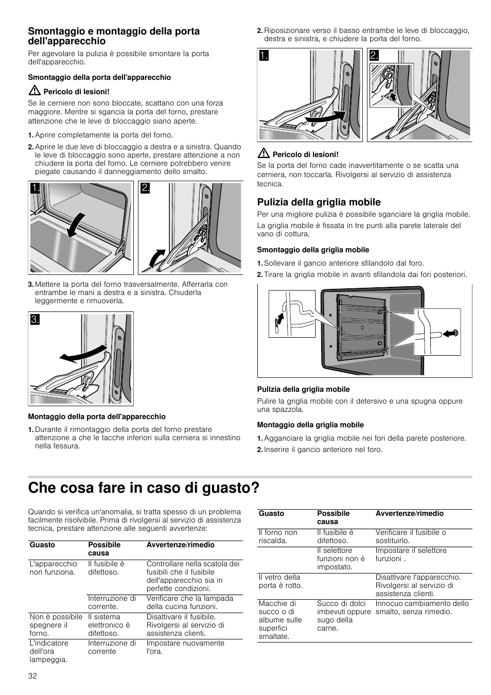 Smontaggio della porta dell'apparecchio, Pericolo di lesioni, Aprire completamente la porta del forno | Montaggio della porta dell'apparecchio, Pulizia della griglia mobile, Smontaggio della griglia mobile, Sollevare il gancio anteriore sfilandolo dal foro, Montaggio della griglia mobile, Inserire il gancio anteriore nel foro, Che cosa fare in caso di guasto | Siemens HB933R51 User Manual | Page 31 / 160