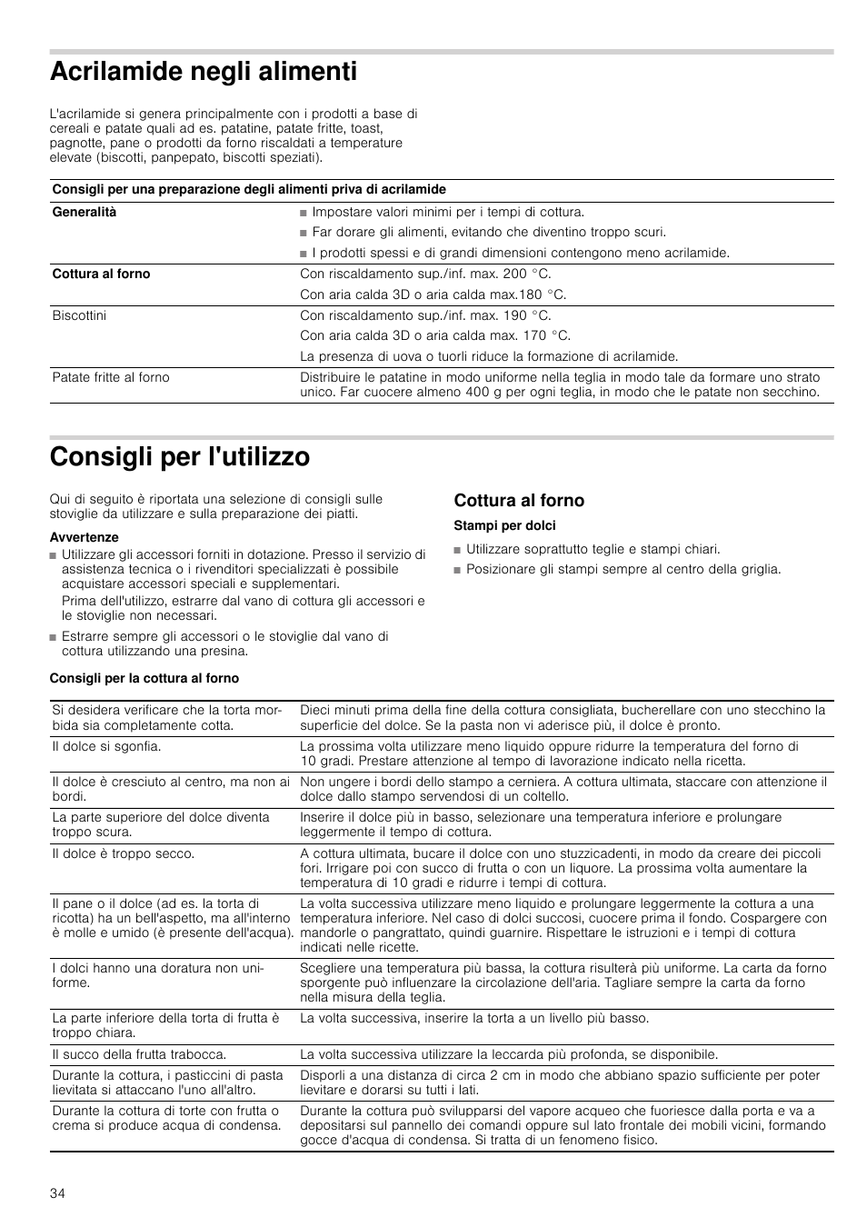 Acrilamide negli alimenti, Consigli per l'utilizzo, Avvertenze | Cottura al forno, Consigli per la cottura al forno | Siemens HB933R51 User Manual | Page 33 / 160