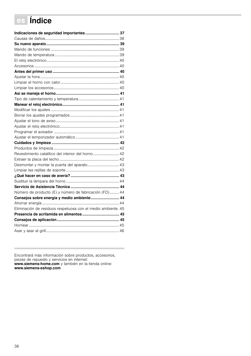 Û índice[es] instrucciones de uso, Índice | Siemens HB933R51 User Manual | Page 35 / 160