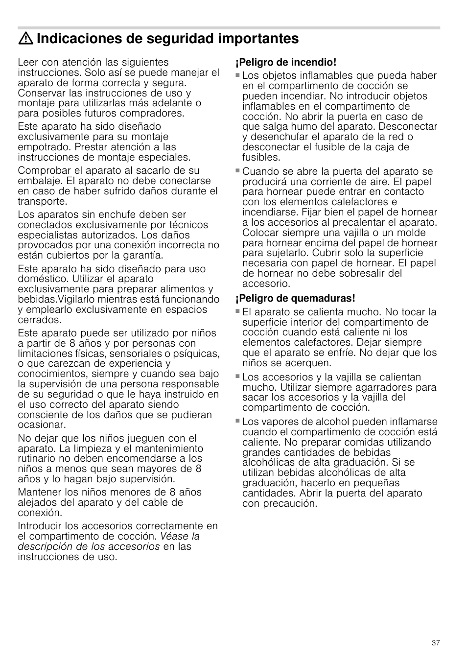 Indicaciones de seguridad importantes, Peligro de incendio, Peligro de quemaduras | Siemens HB933R51 User Manual | Page 36 / 160