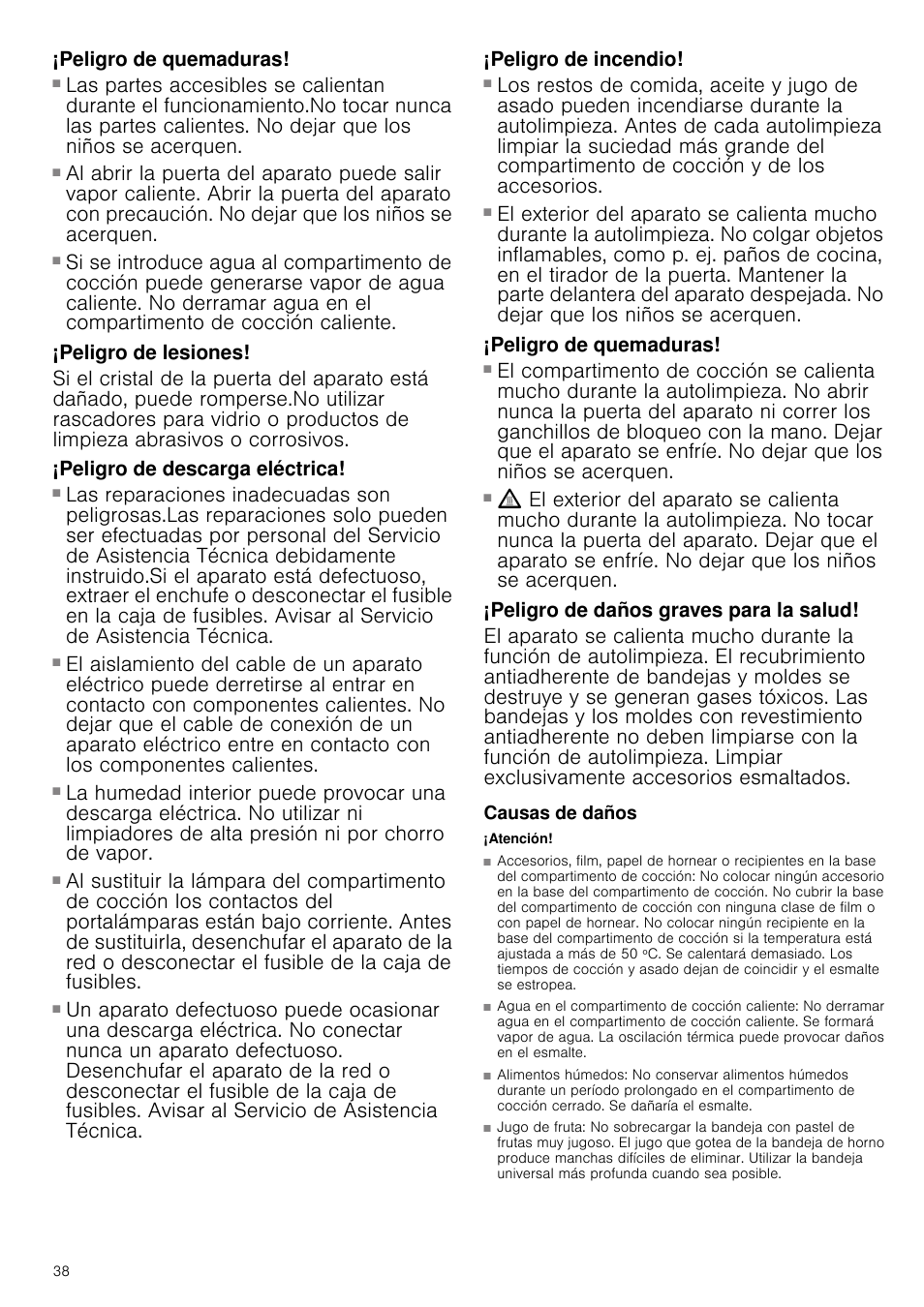 Peligro de quemaduras, Peligro de lesiones, Peligro de descarga eléctrica | Peligro de incendio, Peligro de daños graves para la salud, Causas de daños, Atención | Siemens HB933R51 User Manual | Page 37 / 160