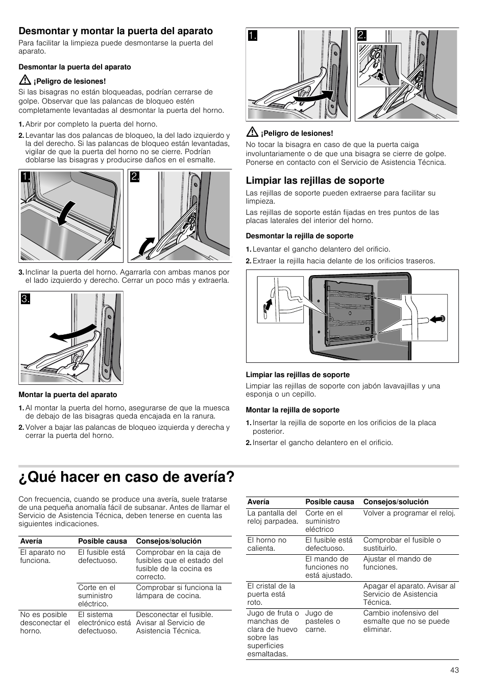 Desmontar y montar la puerta del aparato, Desmontar la puerta del aparato, Peligro de lesiones | Abrir por completo la puerta del horno, Montar la puerta del aparato, Limpiar las rejillas de soporte, Desmontar la rejilla de soporte, Levantar el gancho delantero del orificio, Montar la rejilla de soporte, Insertar el gancho delantero en el orificio | Siemens HB933R51 User Manual | Page 42 / 160
