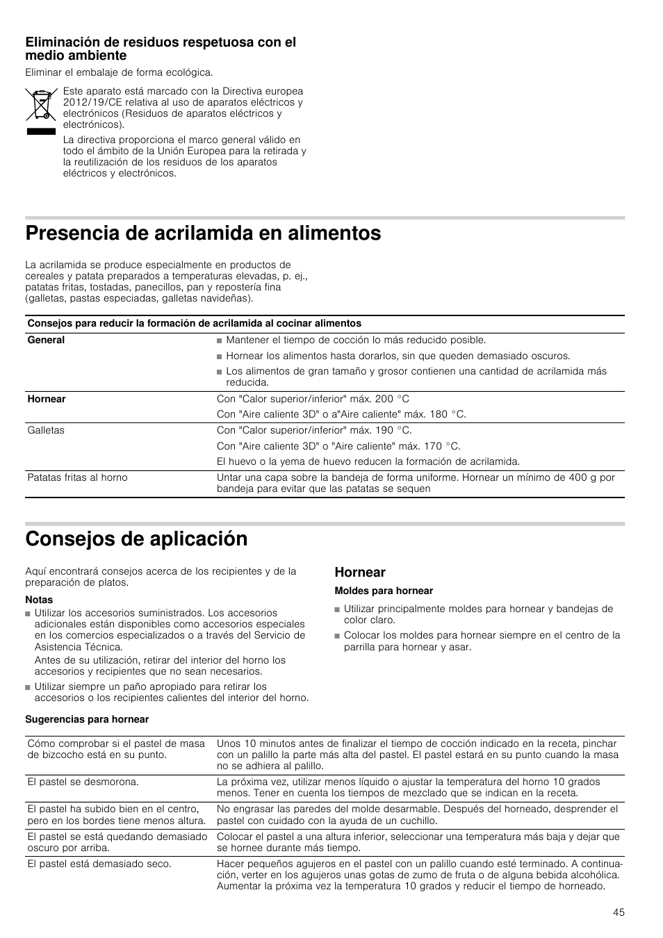 Presencia de acrilamida en alimentos, Consejos de aplicación, Notas | Hornear, Sugerencias para hornear | Siemens HB933R51 User Manual | Page 44 / 160