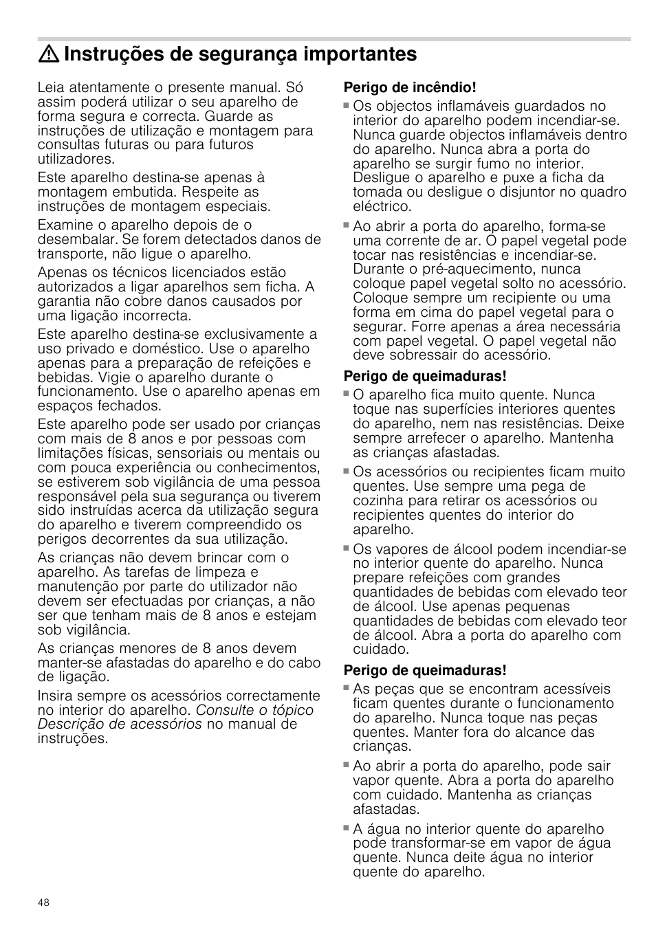 Instruções de segurança importantes, Perigo de incêndio, Perigo de queimaduras | Siemens HB933R51 User Manual | Page 47 / 160