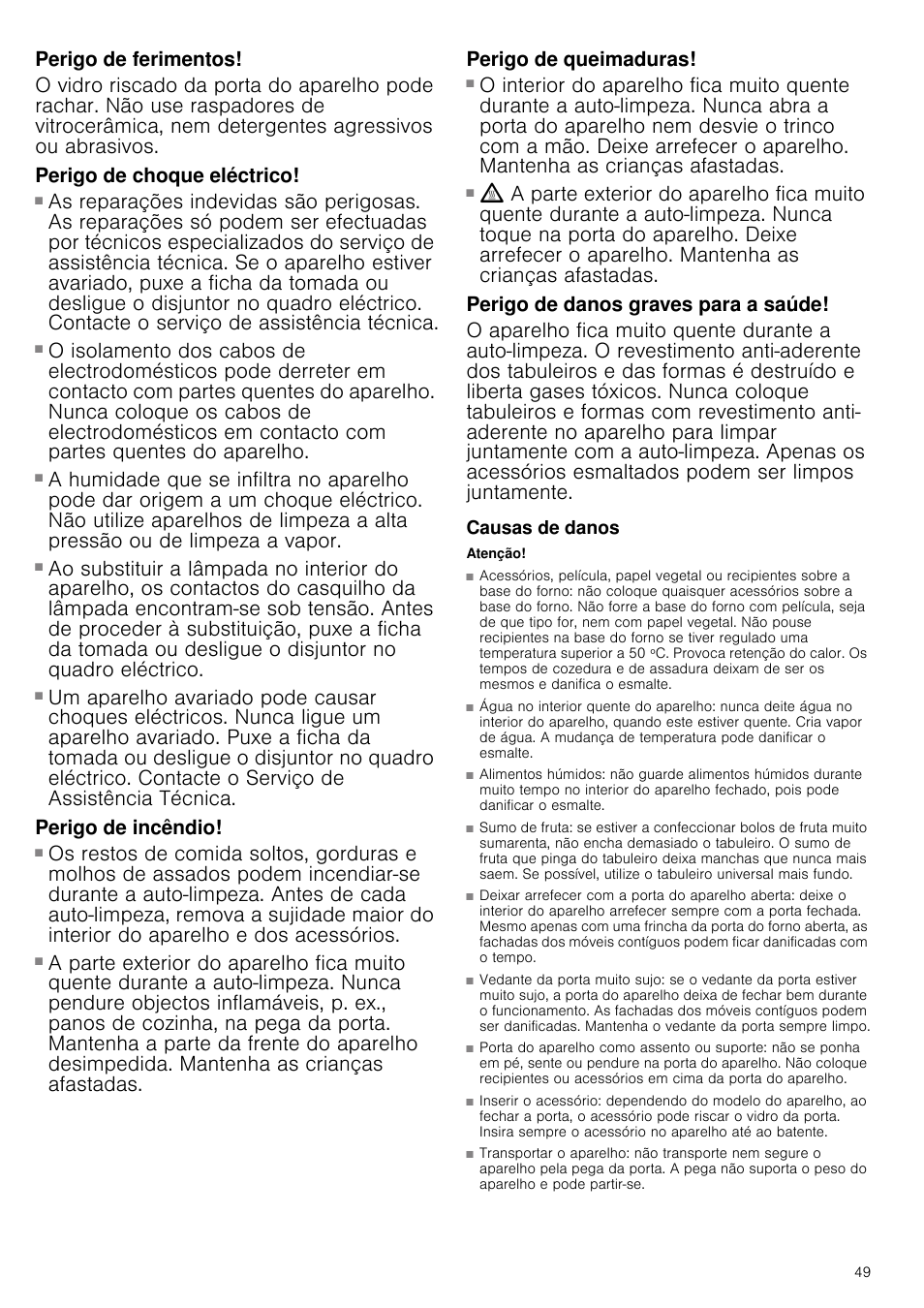 Perigo de ferimentos, Perigo de choque eléctrico, Perigo de incêndio | Perigo de queimaduras, Perigo de danos graves para a saúde, Causas de danos, Atenção | Siemens HB933R51 User Manual | Page 48 / 160