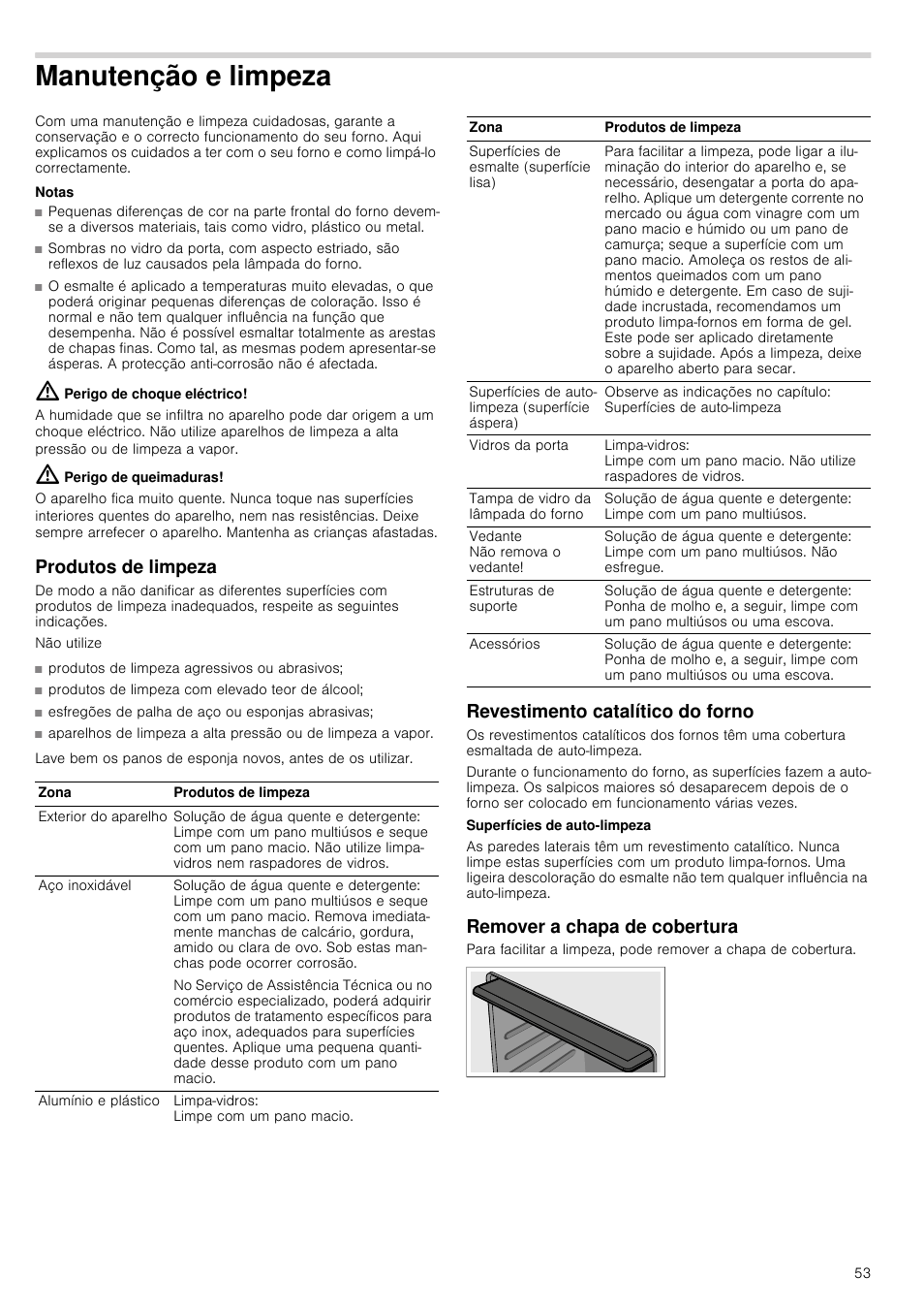 Manutenção e limpeza, Notas, Perigo de choque eléctrico | Perigo de queimaduras, Produtos de limpeza, Produtos de limpeza com elevado teor de álcool, Esfregões de palha de aço ou esponjas abrasivas, Revestimento catalítico do forno, Remover a chapa de cobertura | Siemens HB933R51 User Manual | Page 52 / 160