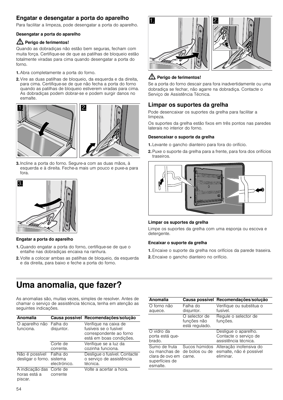 Engatar e desengatar a porta do aparelho, Desengatar a porta do aparelho, Perigo de ferimentos | Abra completamente a porta do forno, Engatar a porta do aparelho, Limpar os suportes da grelha, Desencaixar o suporte da grelha, Levante o gancho dianteiro para fora do orifício, Encaixar o suporte da grelha, Encaixe o gancho dianteiro no orifício | Siemens HB933R51 User Manual | Page 53 / 160