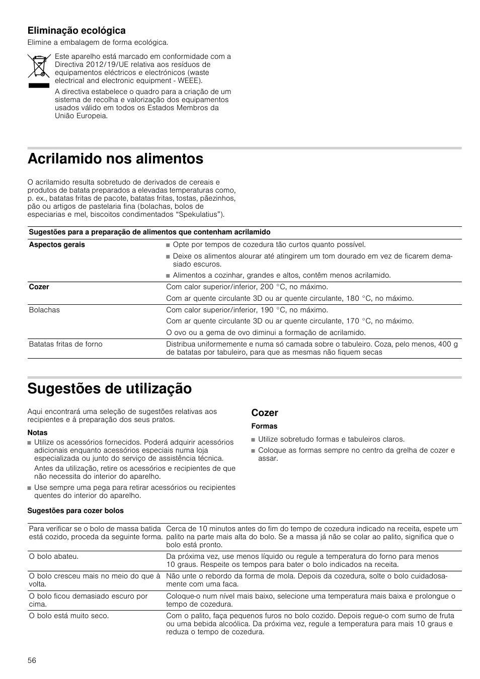 Eliminação ecológica, Acrilamido nos alimentos, Sugestões de utilização | Notas, Cozer, Sugestões para cozer bolos, Estões de utilização cozer | Siemens HB933R51 User Manual | Page 55 / 160