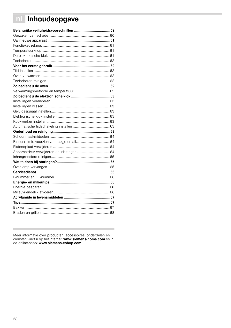 É inhoudsopgave[nl] gebruiksaanwijzing, Inhoudsopgave | Siemens HB933R51 User Manual | Page 57 / 160