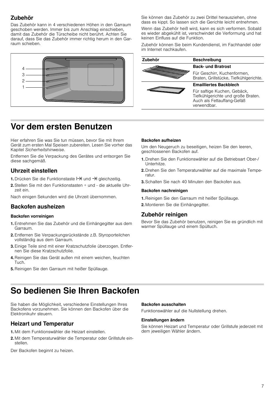 Zubehör, Vor dem ersten benutzen, Uhrzeit einstellen | Backofen ausheizen, Backofen vorreinigen, Reinigen sie den garraum mit heißer spüllauge, Backofen aufheizen, Schalten sie nach 40 minuten den backofen aus, Backofen nachreinigen, Montieren sie die einhängegitter | Siemens HB933R51 User Manual | Page 6 / 160