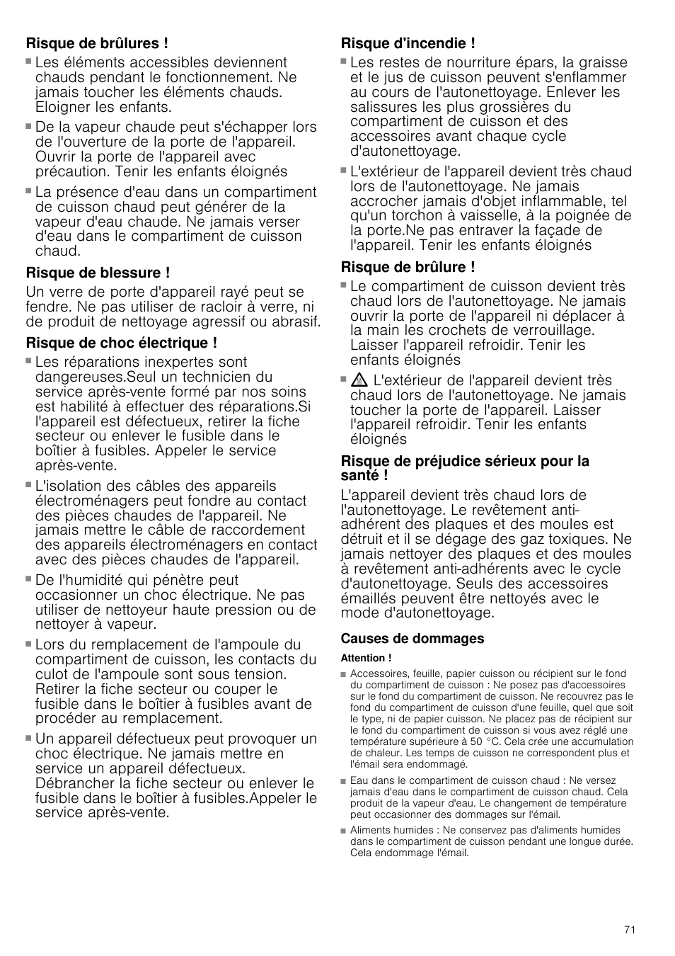 Risque de brûlures, Risque de brûlure, Risque de blessure | Risque de choc électrique, Risque d'incendie, Risque de préjudice sérieux pour la santé, Causes de dommages, Attention | Siemens HB933R51 User Manual | Page 70 / 160