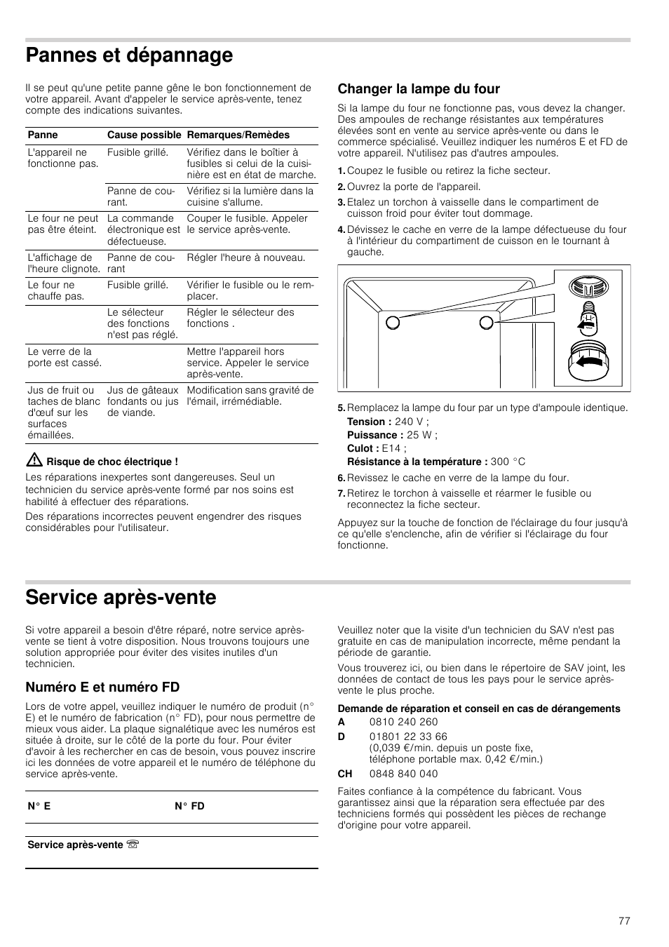 Pannes et dépannage, Risque de choc électrique, Changer la lampe du four | Coupez le fusible ou retirez la fiche secteur, Ouvrez la porte de l'appareil, Tension : 240 v, Puissance : 25 w, Culot : e14, Revissez le cache en verre de la lampe du four, Service après-vente | Siemens HB933R51 User Manual | Page 76 / 160