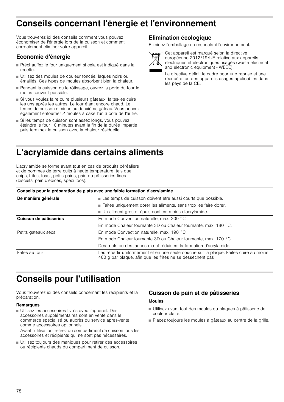 Conseils concernant l'énergie et l'environnement, Economie d'énergie, Elimination écologique | L'acrylamide dans certains aliments, Conseils pour l'utilisation, Remarques, Cuisson de pain et de pâtisseries, Vironnement, Tains aliments conseils pour l'utilisation | Siemens HB933R51 User Manual | Page 77 / 160