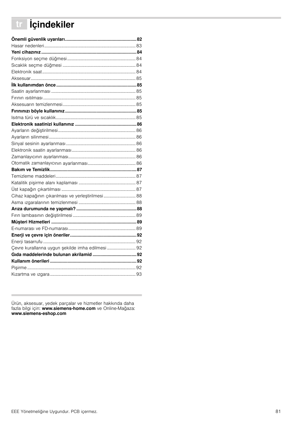 Ô içindekiler[tr] kullanma kιlavuzu, Içindekiler, Produktinfo | Siemens HB933R51 User Manual | Page 80 / 160