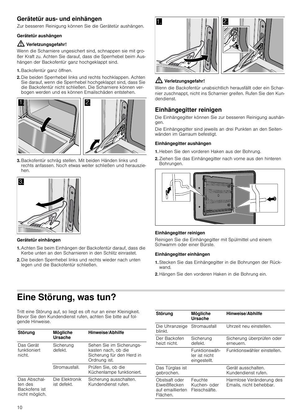 Gerätetür aus- und einhängen, Gerätetür aushängen, Verletzungsgefahr | Backofentür ganz öffnen, Gerätetür einhängen, Einhängegitter reinigen, Einhängegitter aushängen, Heben sie den vorderen haken aus der bohrung, Einhängegitter einhängen, Hängen sie den vorderen haken in die bohrung ein | Siemens HB933R51 User Manual | Page 9 / 160