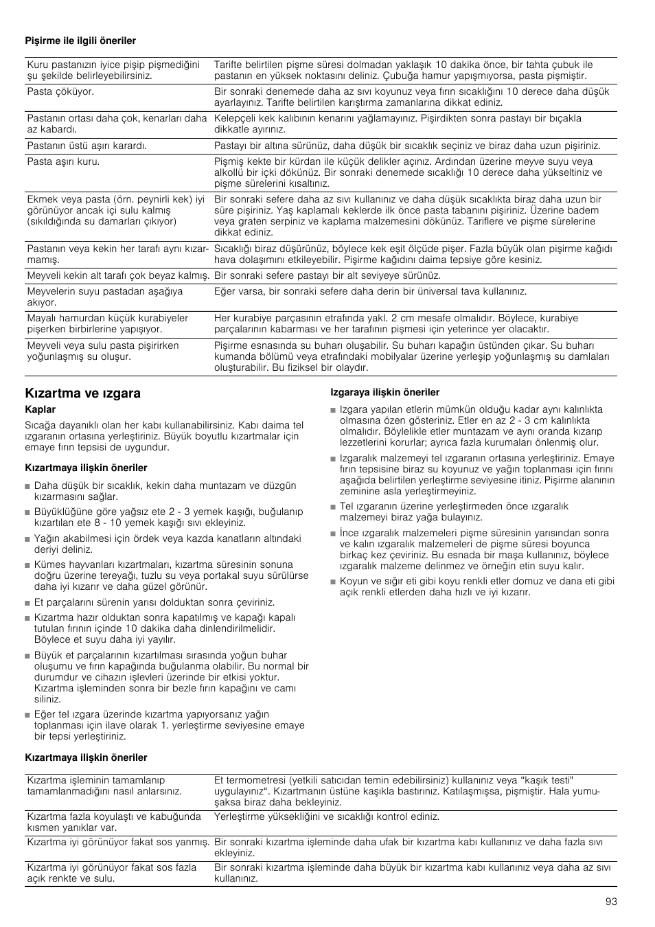 Pişirme ile ilgili öneriler, Kızartma ve ızgara, Kızartmaya ilişkin öneriler | Izgaraya ilişkin öneriler | Siemens HB933R51 User Manual | Page 92 / 160