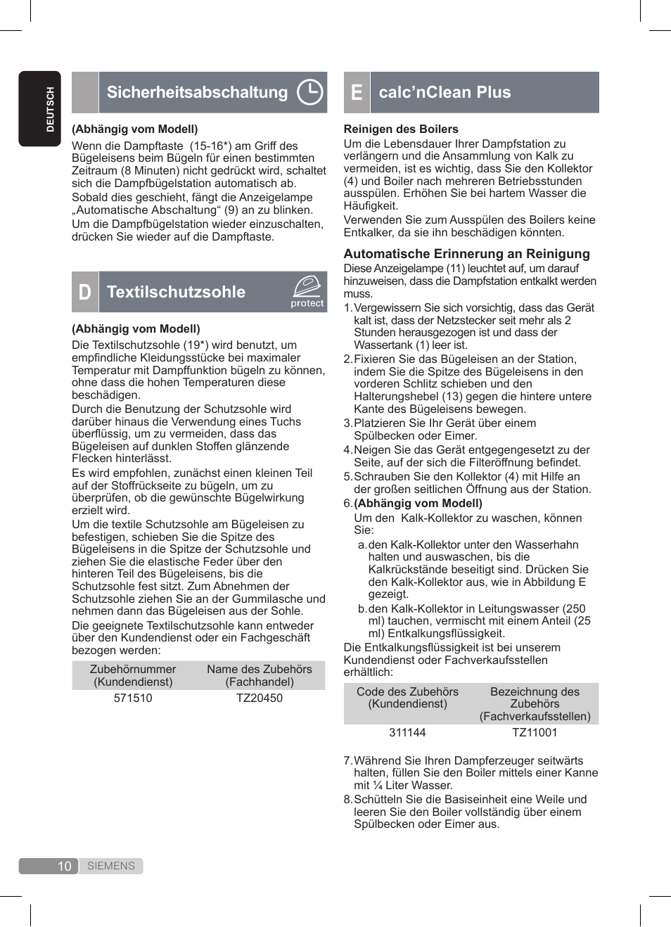 Calc’nclean plus, Sicherheitsabschaltung, Textilschutzsohle | Siemens TS22XTRM User Manual | Page 10 / 152