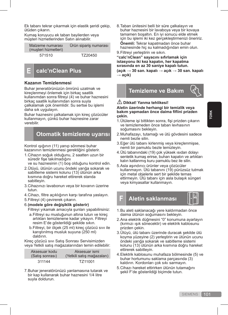 Temizleme ve bakım, Aletin saklanması, Calc’nclean plus | Otomatik temizleme uyarısı | Siemens TS22XTRM User Manual | Page 101 / 152