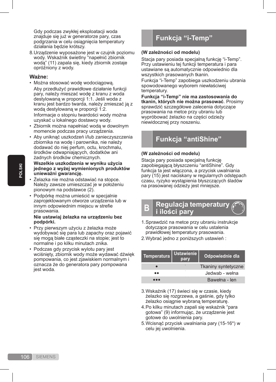 Funkcja “i-temp, Funkcja “antishine, Regulacja temperatury i ilości pary | Siemens TS22XTRM User Manual | Page 106 / 152