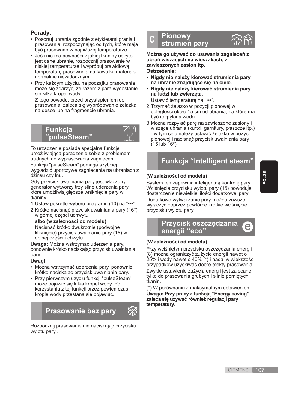 Pionowy strumień pary, Funkcja “intelligent steam, Przycisk oszczędzania energii “eco | Funkcja “pulsesteam, Prasowanie bez pary | Siemens TS22XTRM User Manual | Page 107 / 152