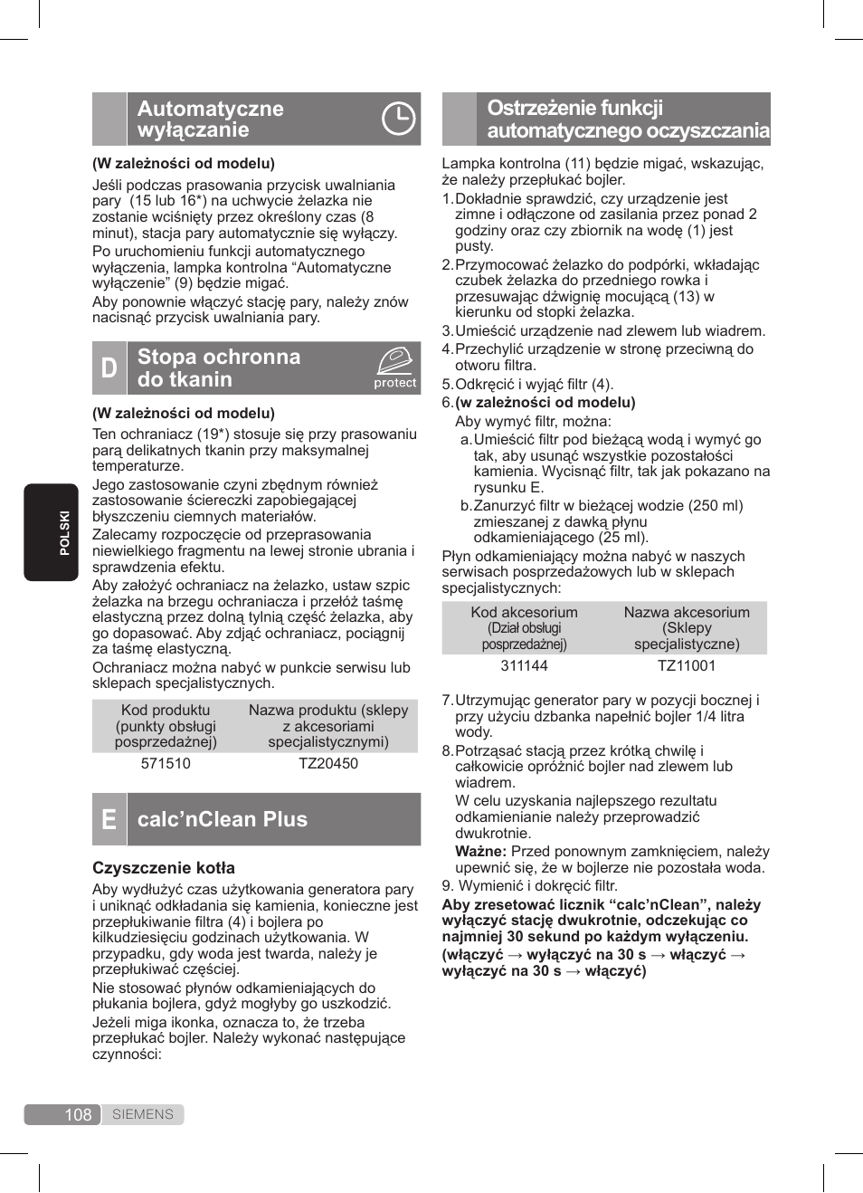 Ostrzeżenie funkcji automatycznego oczyszczania, Automatyczne wyłączanie, Stopa ochronna do tkanin | Calc’nclean plus | Siemens TS22XTRM User Manual | Page 108 / 152