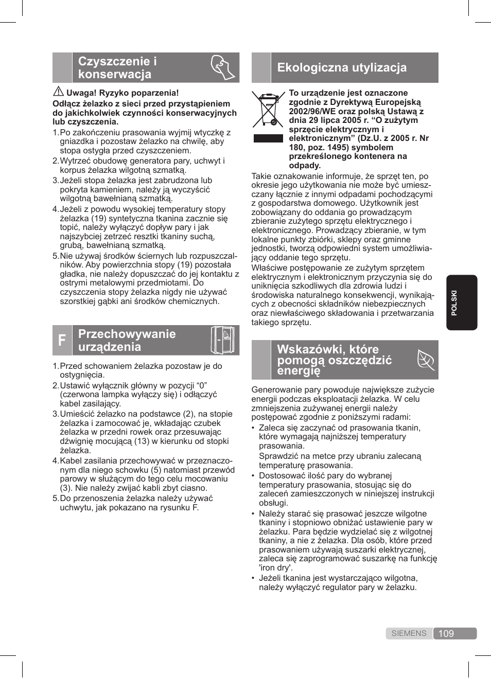 Ekologiczna utylizacja, Wskazówki, które pomogą oszczędzić energię, Czyszczenie i konserwacja | Przechowywanie urządzenia | Siemens TS22XTRM User Manual | Page 109 / 152