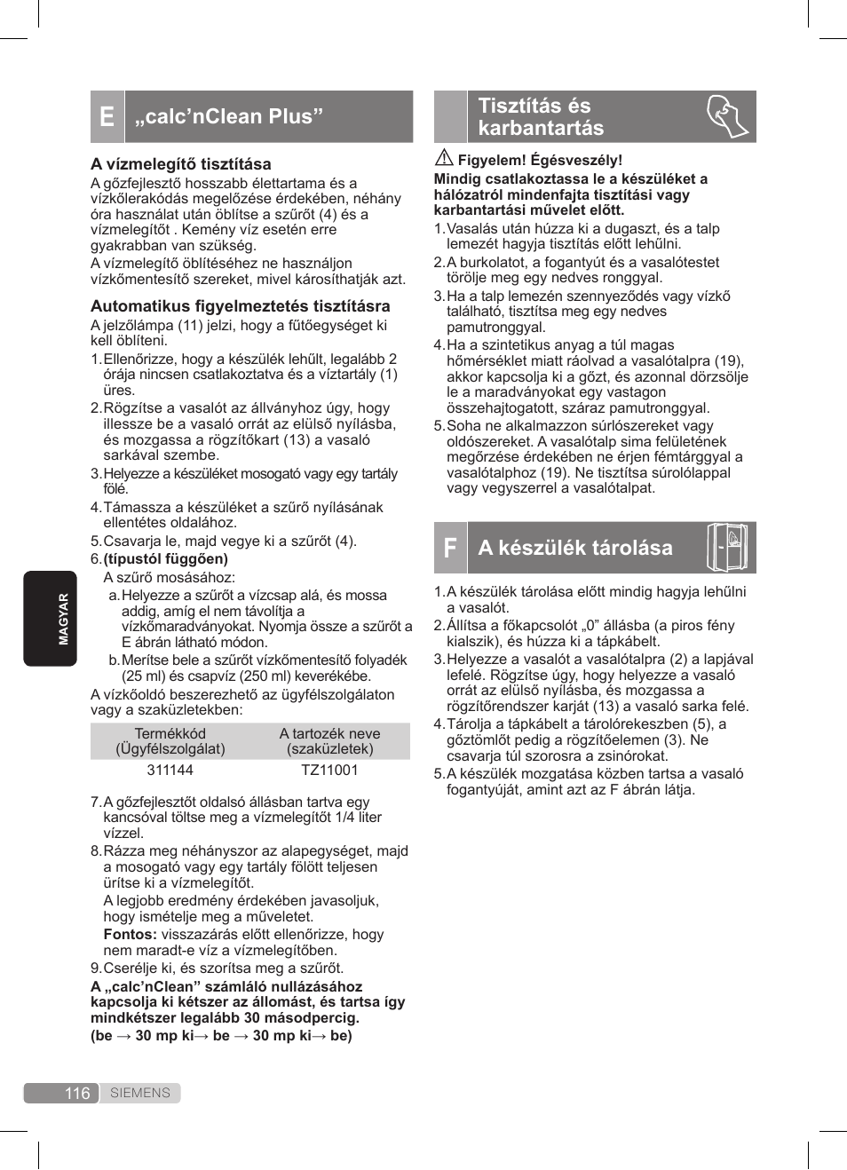 Tisztítás és karbantartás, A készülék tárolása, Calc’nclean plus | Siemens TS22XTRM User Manual | Page 116 / 152