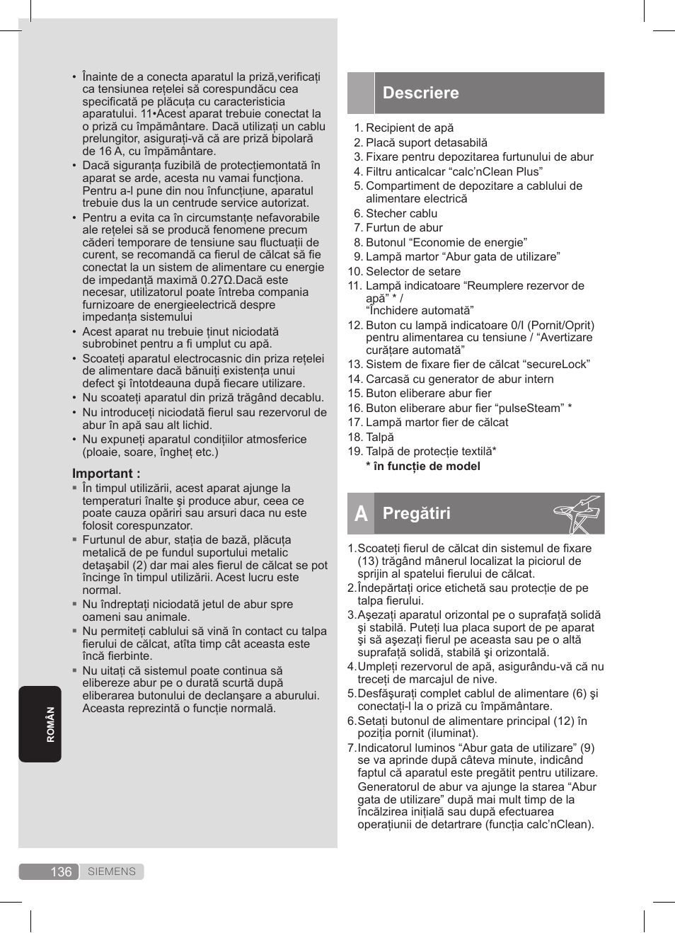 Descriere, Pregătiri | Siemens TS22XTRM User Manual | Page 136 / 152