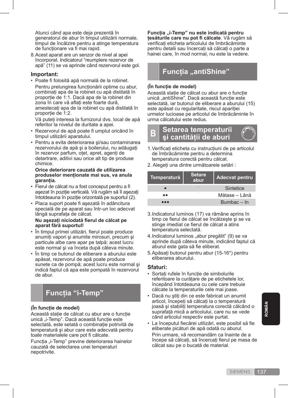 Funcţia „antishine, Setarea temperaturii şi cantităţii de aburi, Funcţia “i-temp | Siemens TS22XTRM User Manual | Page 137 / 152