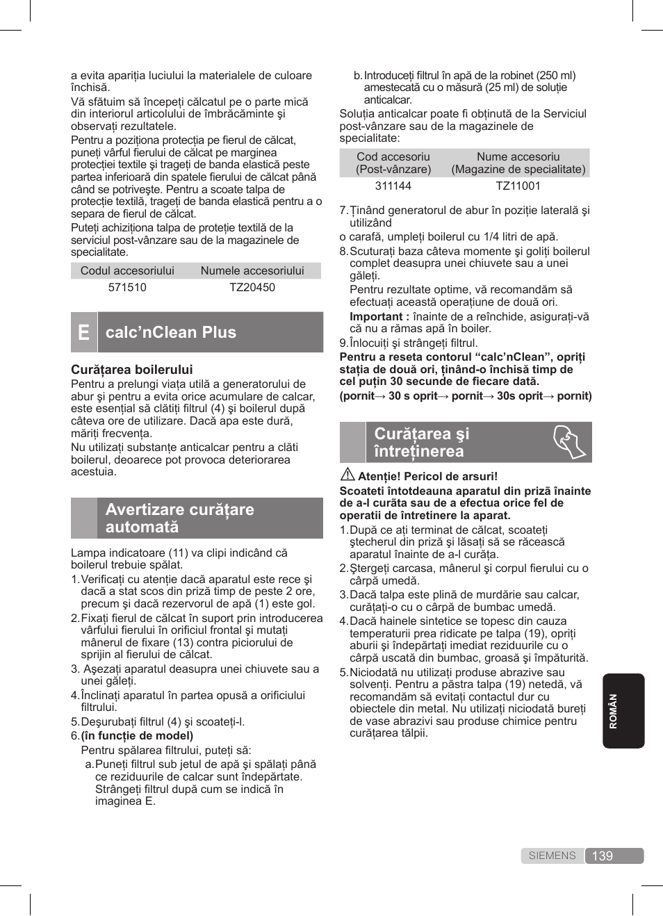 Curăţarea şi întreţinerea, Calc’nclean plus, Avertizare curăţare automată | Siemens TS22XTRM User Manual | Page 139 / 152