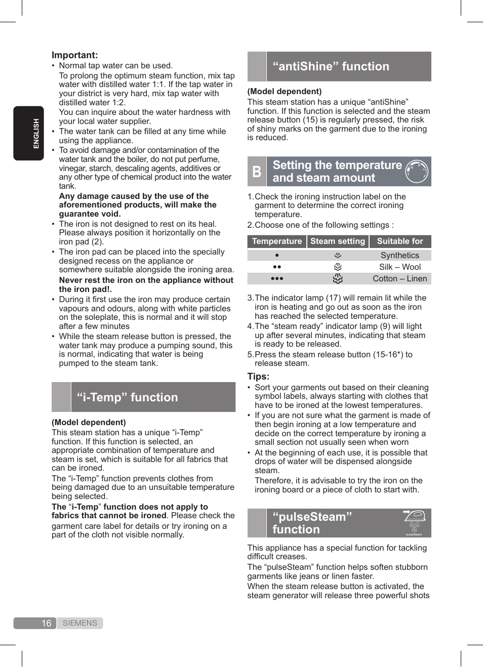 I-temp” function, Antishine” function, Setting the temperature and steam amount | Pulsesteam” function | Siemens TS22XTRM User Manual | Page 16 / 152